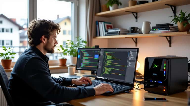 IT-Experte analysiert Smart-Home-Netzwerk am Laptop in Münchner Wohnzimmer