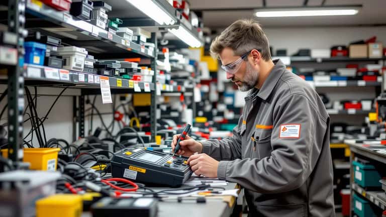 Elektronicaspecialist inspecteert een gezwollen e-bike accupak in een Amsterdamse fietswerkplaats