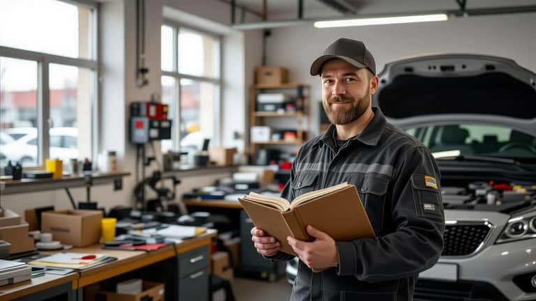 Suomalainen automekaanikko saa irtisanomisilmoituksen toimistossa Tampereella, TES-sopimuskirja kädessä