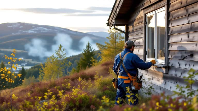 Håndverker inspiserer trebygning på ås med skogbrannrøyk i bakgrunnen