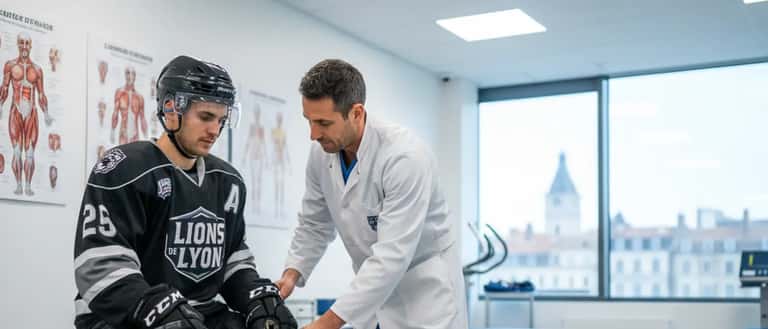 Medecin du sport francais en blouse blanche examinant le genou d'un hockeyeur en equipement dans une clinique sportive a Lyon