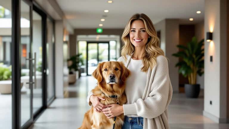 Femme française promenant son golden retriever en laisse dans le hall d'entrée d'un immeuble résidentiel à Lyon