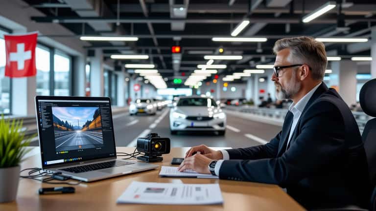 Expert IT analysant des images dashcam d'un faux-sens sur autoroute suisse avec documents nLPD
