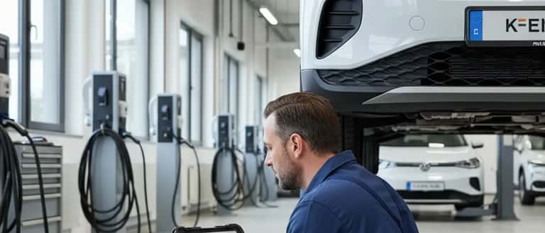 Kfz-Meister prüft VW Elektroauto mit Diagnosetablet in moderner Werkstatt