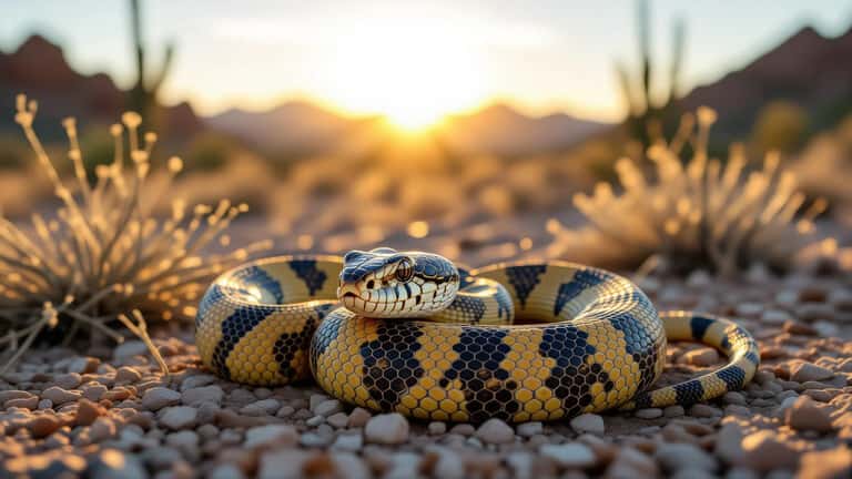 Western diamondback rattlesnake coiled on desert rocks near a hiking trail