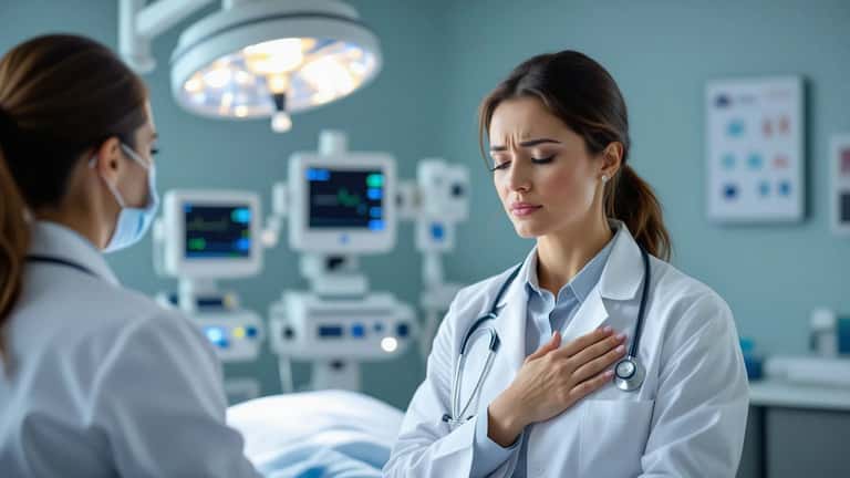 Patient pressing hand to chest during medical examination for shortness of breath