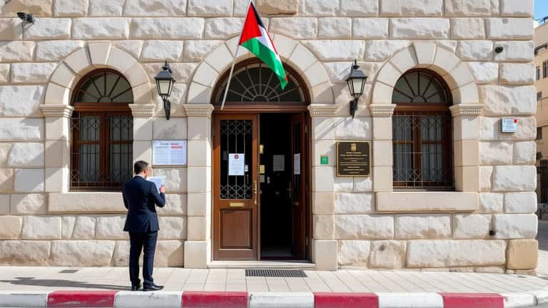 British diplomat outside East Jerusalem consulate building with Union Jack flag