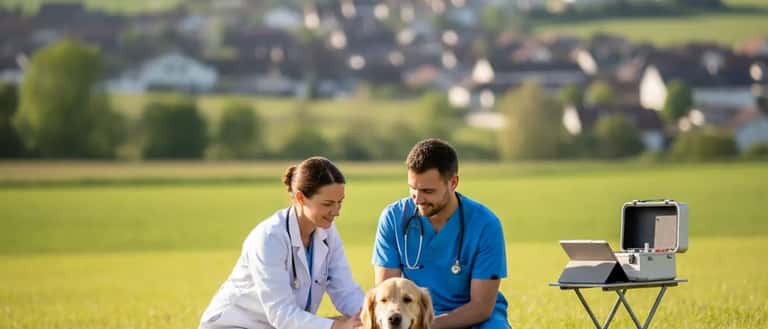 Dansk dyrlæge undersøger en golden retriever på et undersøgelsesbord i en moderne dyreklinik om aftenen