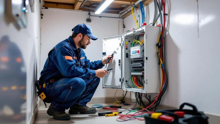 Eletricista verificando quadro de distribuição elétrica em apartamento antes de festa de futebol