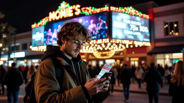 Young fan checking concert cancellation notification on phone outside a US music venue at night