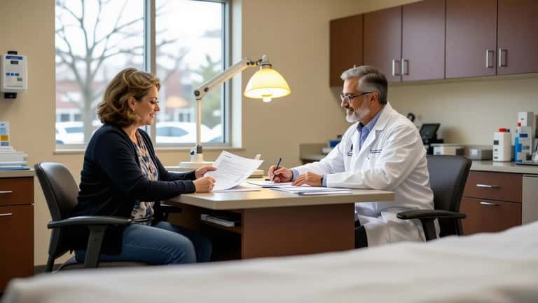 A patient and physician reviewing health insurance documents for GLP-1 weight loss drug coverage in a Chicago primary care clinic