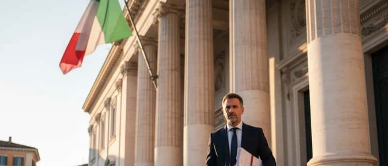 Avvocato italiano in abito scuro sui gradini di un tribunale romano con documenti legali alla luce del pomeriggio