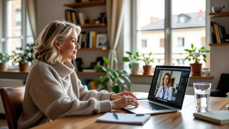 Femme française en téléconsultation médicale depuis un appartement lyonnais, regardant son ordinateur portable où un médecin apparaît en vidéo