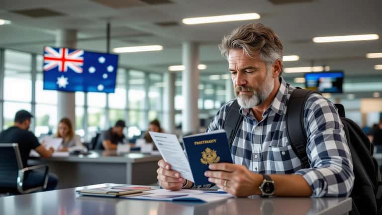 Australian traveller reviewing documents at Port Moresby airport before entering Papua New Guinea