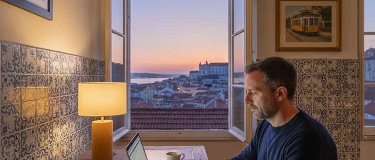 Uomo italiano preoccupato davanti a laptop con notifiche social media, documento legale sul tavolo