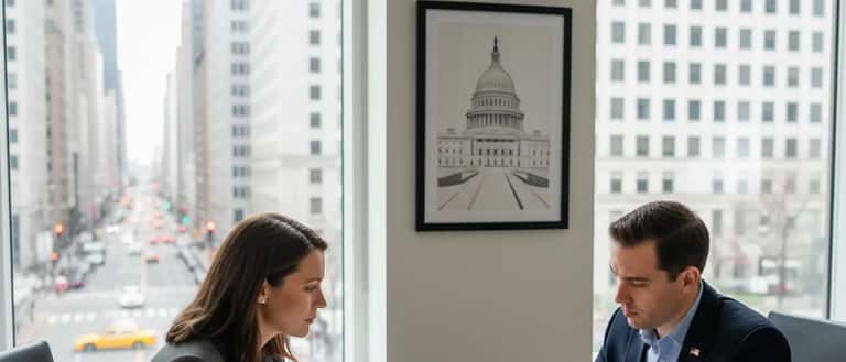 Woman consulting a family law attorney at a law office desk reviewing legal documents