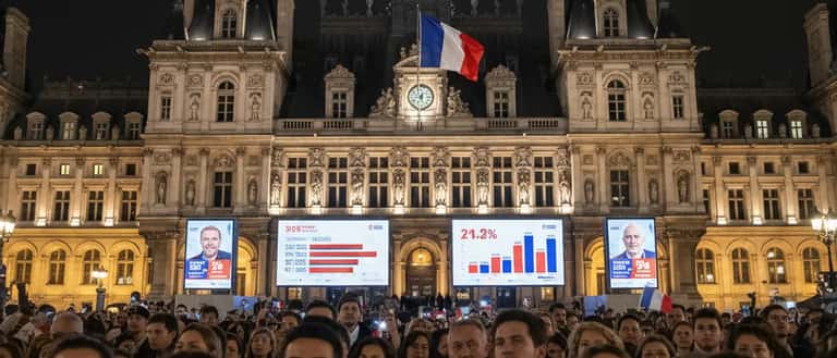 L'hôtel de ville de Paris avec des affiches de campagne électorale et des résultats municipales 2026
