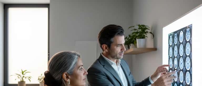 Neurologista português analisa imagens cerebrais com um paciente numa clínica moderna