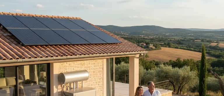 Couple français examinant des panneaux solaires thermiques sur le toit d'une maison provençale ensoleillée