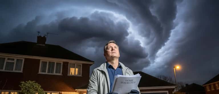 British homeowner looking up at the night sky, holding home insurance documents
