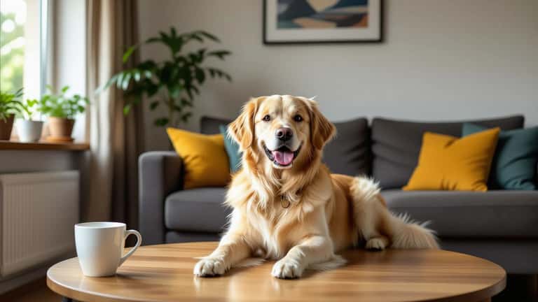 Femme réconfortant son chien tremblant sous une table pendant un orage de grêle en France