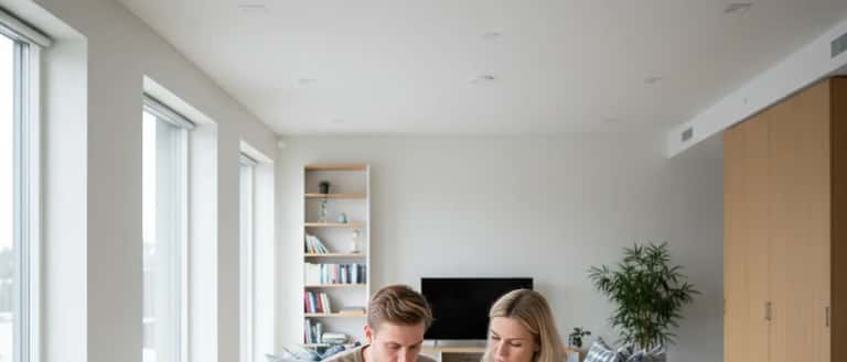 Nordisk par gjennomgår dokumenter sammen ved et spisebord i en lys skandinavisk stue