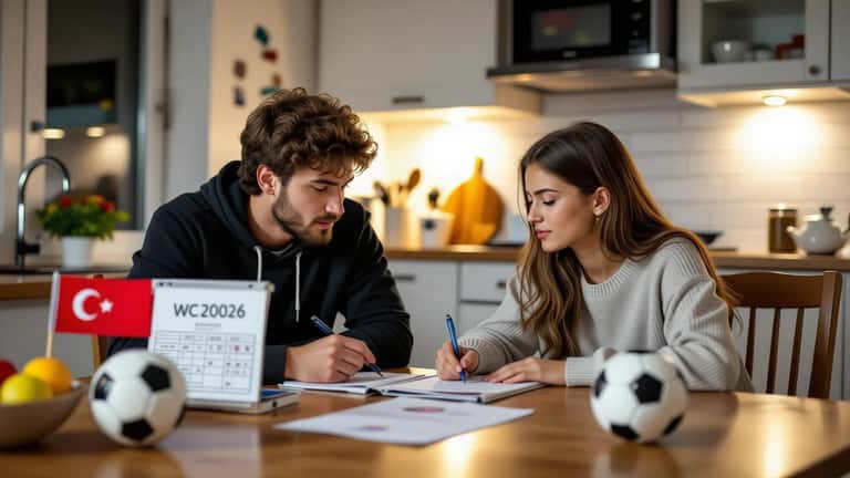 Parent and teenager studying WC2026 Group D standings table together on a tablet at home