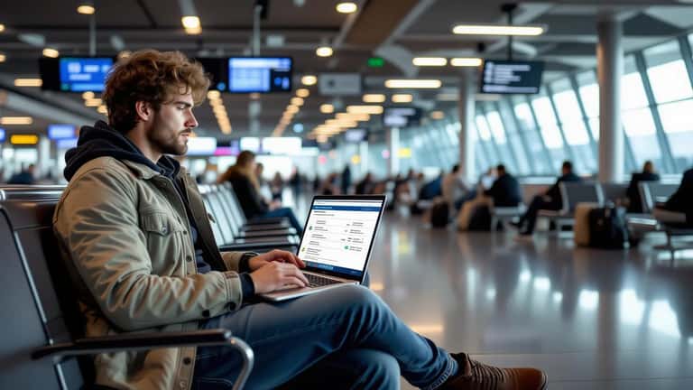 American traveler at airport departure gate reviewing itemized airline booking fees on laptop screen