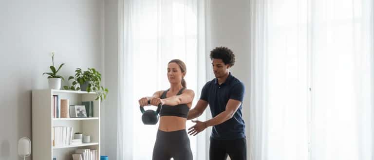 Coach sportif guidant une cliente pendant un exercice de kettlebell dans un salon parisien lumineux