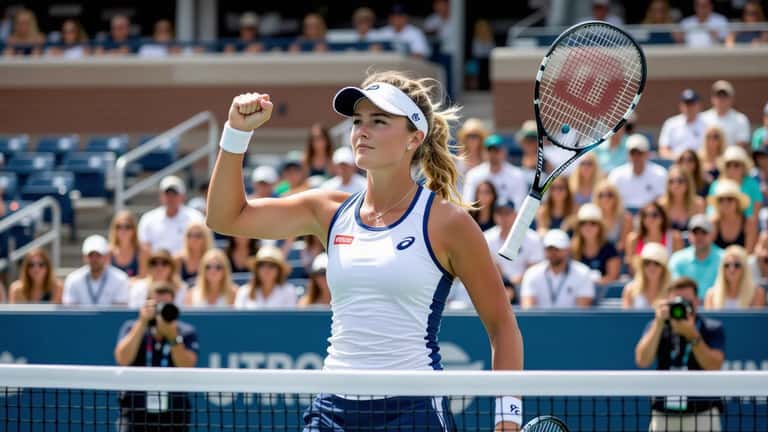 Young female tennis player celebrating match win with fist pump on blue hardcourt WTA stadium Cincinnati