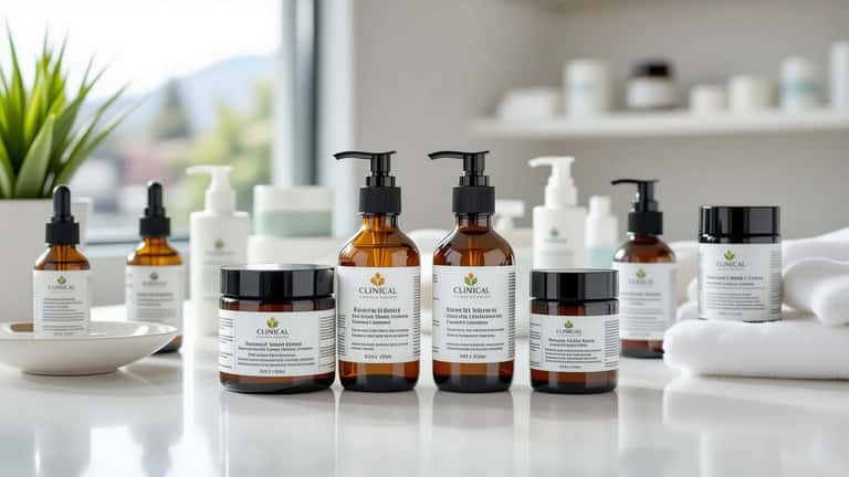 Skincare product bottles on a clinical surface in a Portland, Oregon dermatology office, one showing its ingredient list