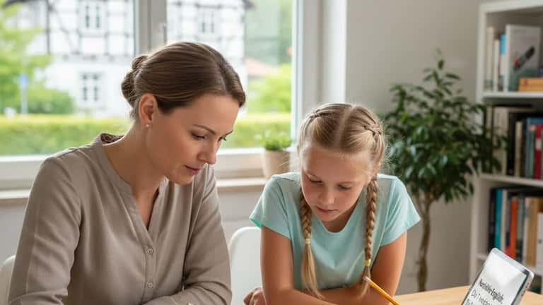 Nachhilfelehrerin erklärt einer deutschen Schülerin englische Grammatik am Schreibtisch im Wohnzimmer