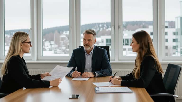 HR-chef lämnar skriftlig uppsägning till pappersindustriarbetare vid konferensbord i Örnsköldsvik