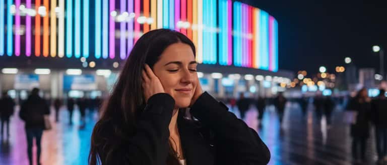 Donna italiana fuori dall'Unipol Forum di Assago di notte dopo un concerto, mani sulle orecchie, luci colorate dello stadio sullo sfondo