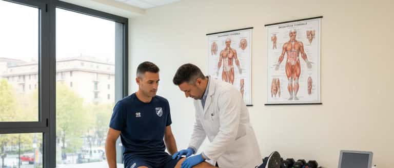 Medico sportivo esamina la coscia di un atleta italiano su un lettino fisioterapico in una clinica di Milano