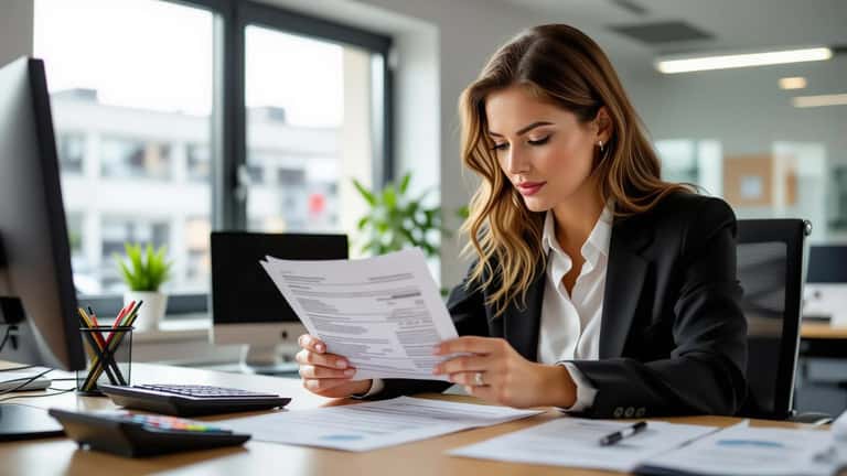 Salariée française consultant son bulletin de paie PPV dans un bureau nantais