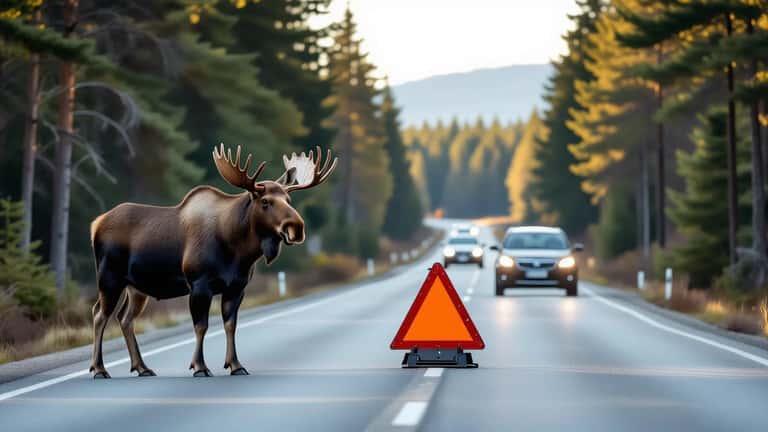 Elg i veibanen på E6 i Norge ved daggry med varseltrekant i bakgrunnen