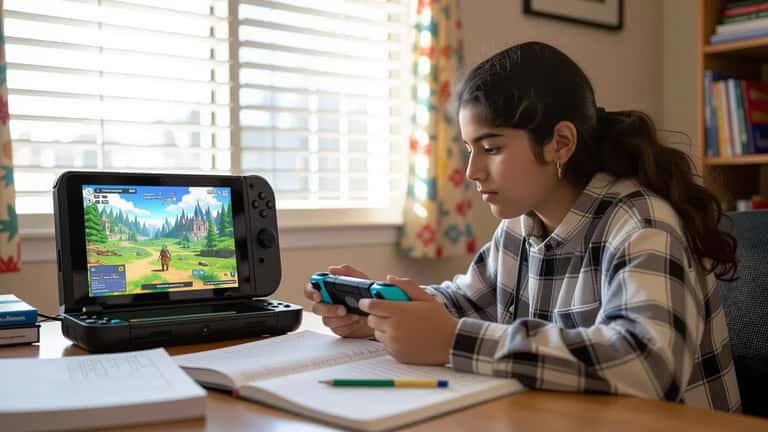 Adolescente latino estudiando con Nintendo Switch y libros de matemáticas en escritorio de California
