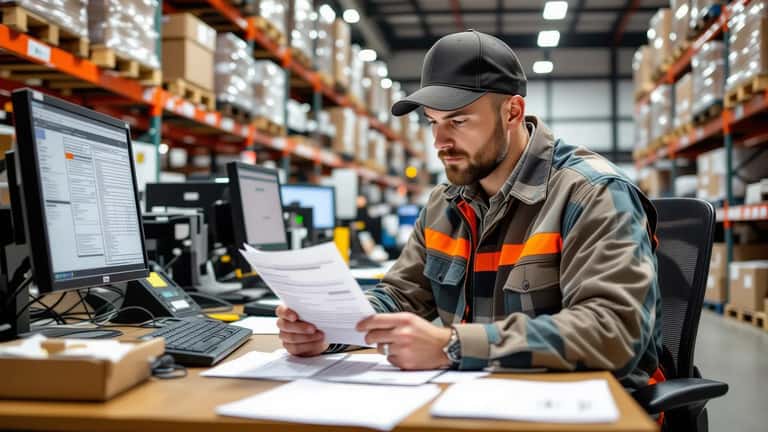 Warehouse supervisor in Athens Georgia reviewing time card at desk showing overtime hours