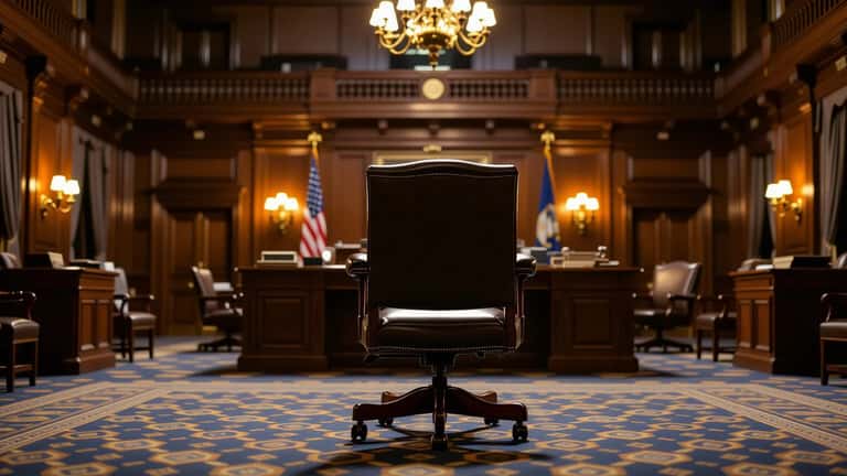 Empty Senate leader's chair at dusk symbolizing Mitch McConnell's 2026 retirement and GOP leadership transition