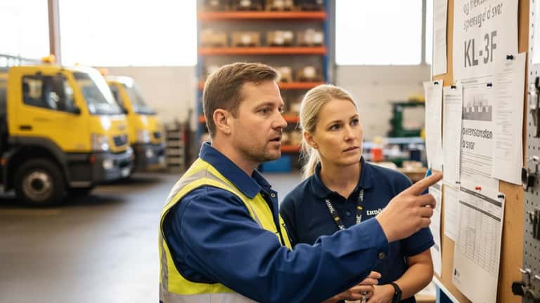 Chauffør og skiftleder i Herning kommunalt depot diskuterer vagtplan ved opslagstavle