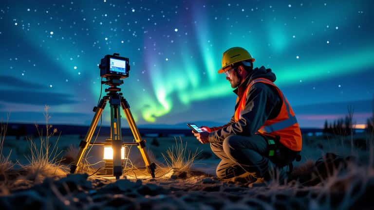 Construction contractor checking GPS survey equipment at night under vivid aurora borealis in Montana