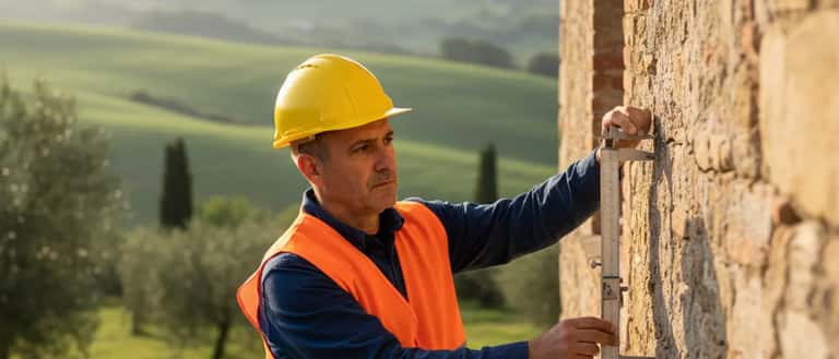 Ingegnere strutturale esamina crepe in un edificio storico in Irpinia con casco e strumenti tecnici