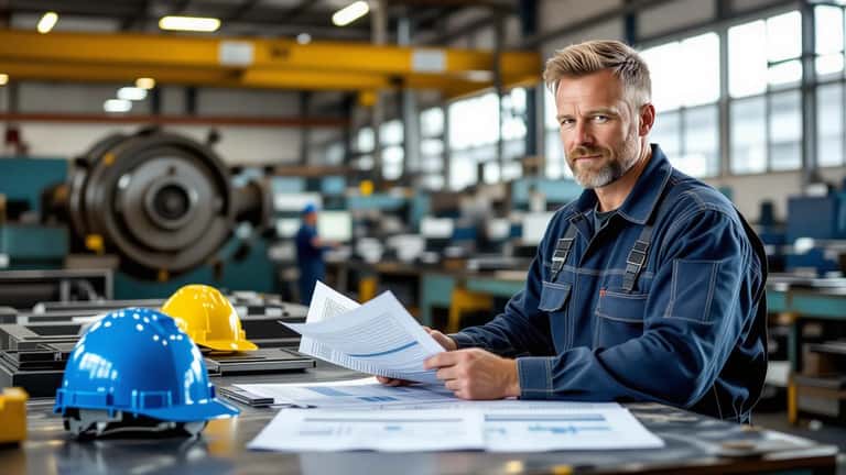 Industriarbeider i Stavanger fabrikk gjennomgår lønnsmatrisetabell i tariffavtalen, hardt arbeidsmiljø synlig