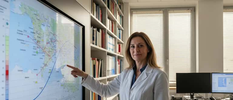 Medica italiana che analizza dati epidemiologici su schermo in ospedale di Milano