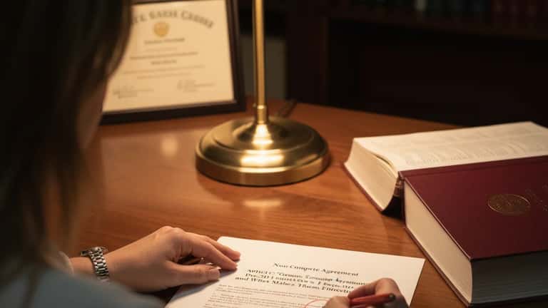 Employment attorney in Atlanta annotating a non-compete agreement clause with red pen on oak desk