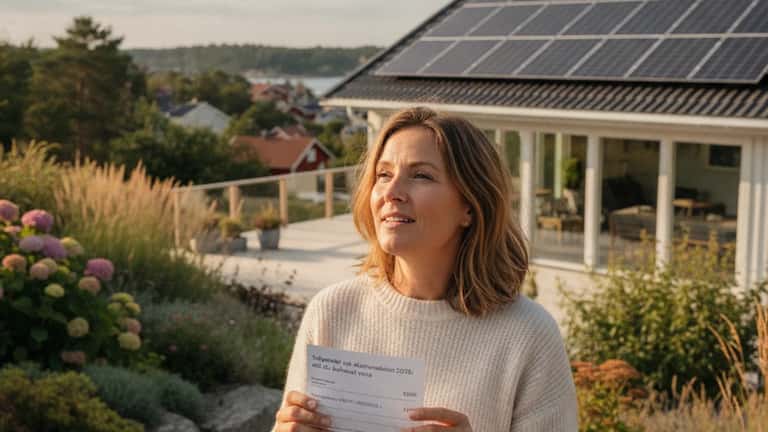 Kvinna i trädgården till en modern svensk villa i Göteborg, tittar upp på nyinstallerade solpaneler på taket och håller i en faktura