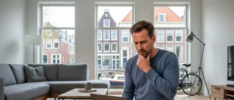 Man onderzoekt beschadigde laptop na stroomstoring in modern Nederlands interieur