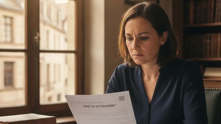 Femme lisant un acte de saisie-attribution posé sur un bureau à Strasbourg, lumière matinale douce