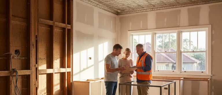 Australian couple reviewing renovation plans with a contractor in a partially renovated weatherboard kitchen